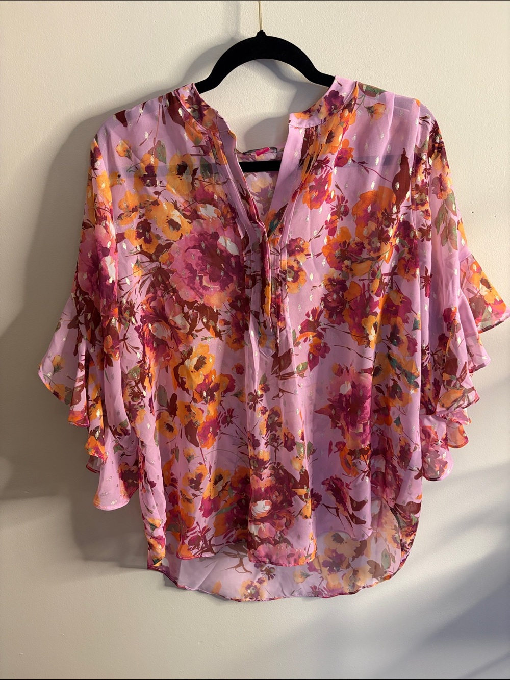 Vince Camuto Lavender Sheer Floral Ruffle Blouse